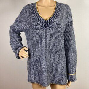 Plush 100% Cashmere Ribbed Sweater Sz L XL Luxury Designer Marled Blue White